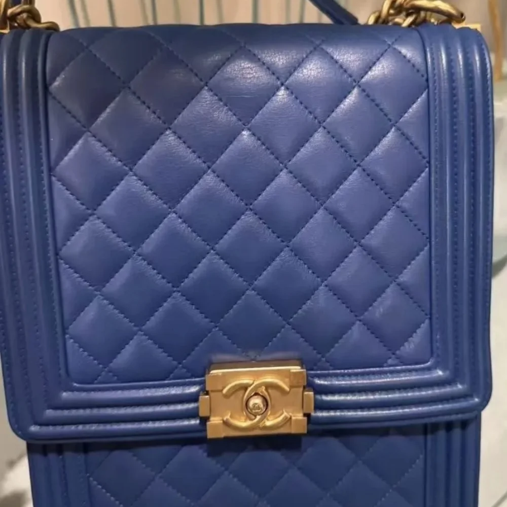 Chanel Boy North South Vertical Bag Blue Quilted Lambskin Gold HardwareAuthentic - Picture 5 of 17